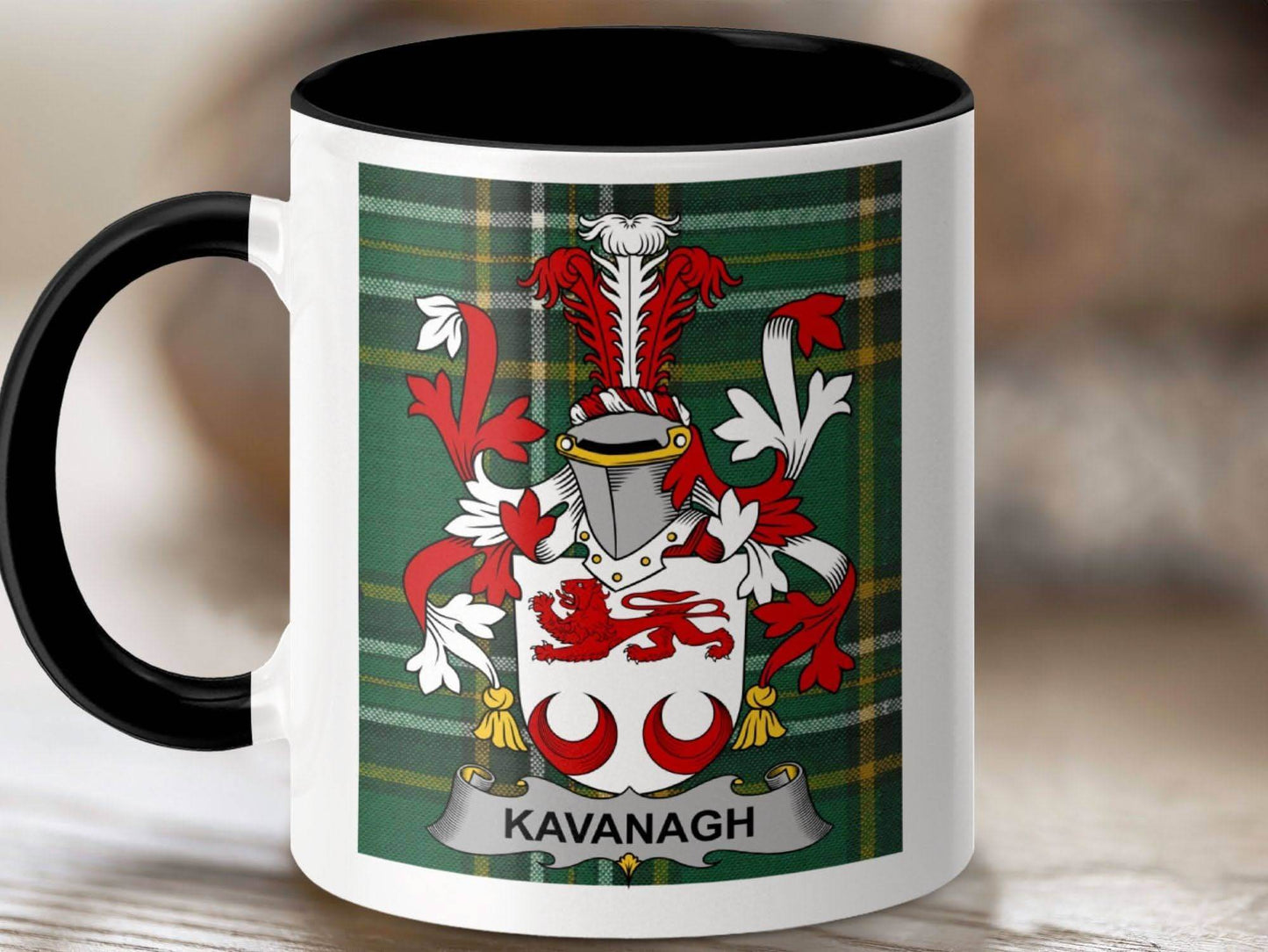 Kavanagh Surname Family Crest Irish Tartan Mug - Celtic Ancestry Gifts