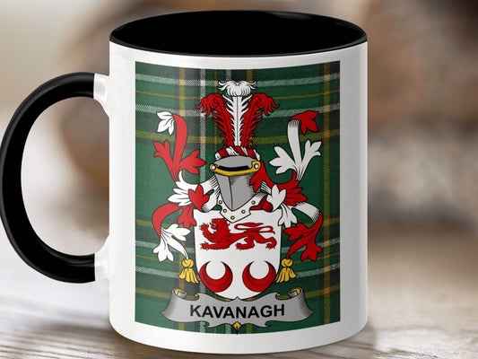 Kavanagh Surname Family Crest Irish Tartan Mug - Celtic Ancestry Gifts