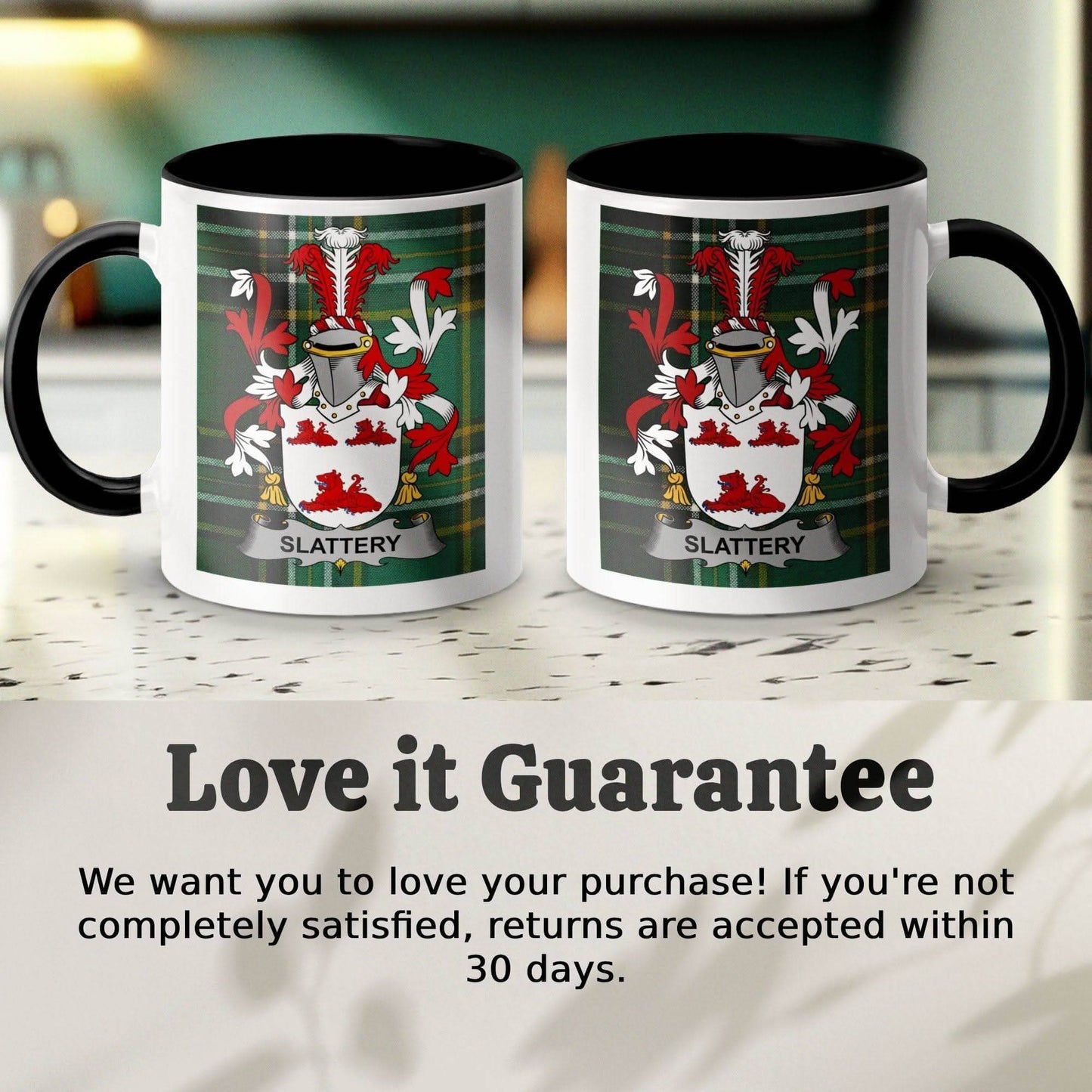 Slattery Surname Family Crest Irish Tartan Mug - Celtic Ancestry Gifts