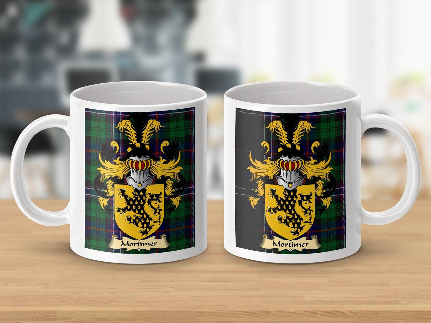 Mortimer Clan Surname Coat Of Arms Tartan Mug - Celtic Ancestry Gifts