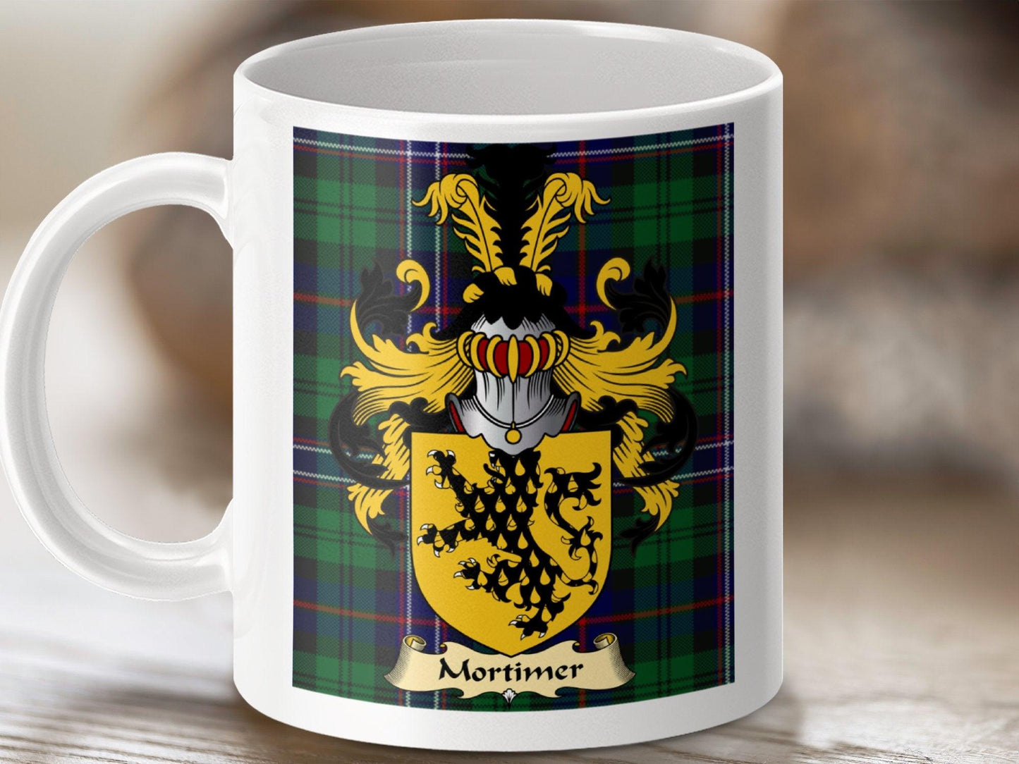 Mortimer Clan Surname Coat Of Arms Tartan Mug - Celtic Ancestry Gifts