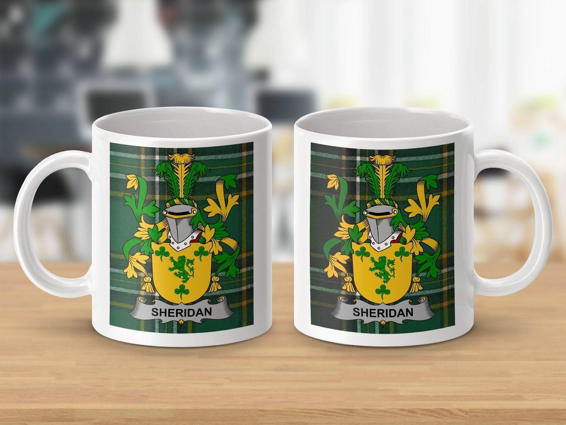 Sheridan Irish Surname Coat of Arms National Tartan Mug - Celtic Ancestry Gifts
