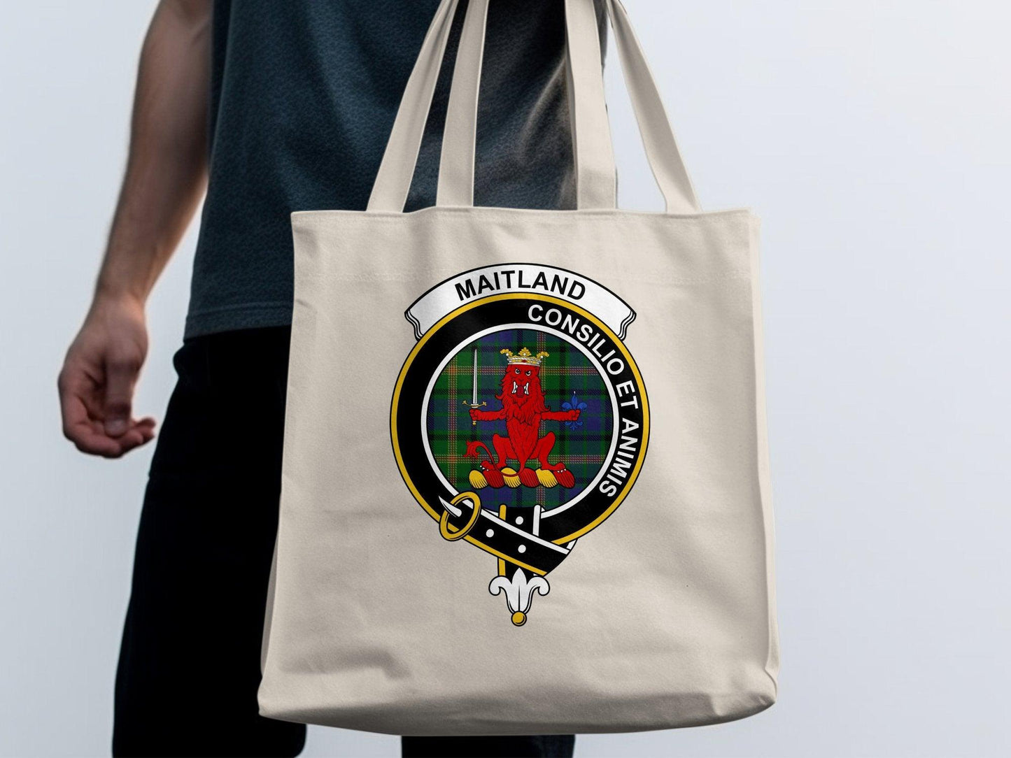 Maitland Consilio et Animis Clan Crest Tartan Tote Bags - Celtic Ancestry Gifts