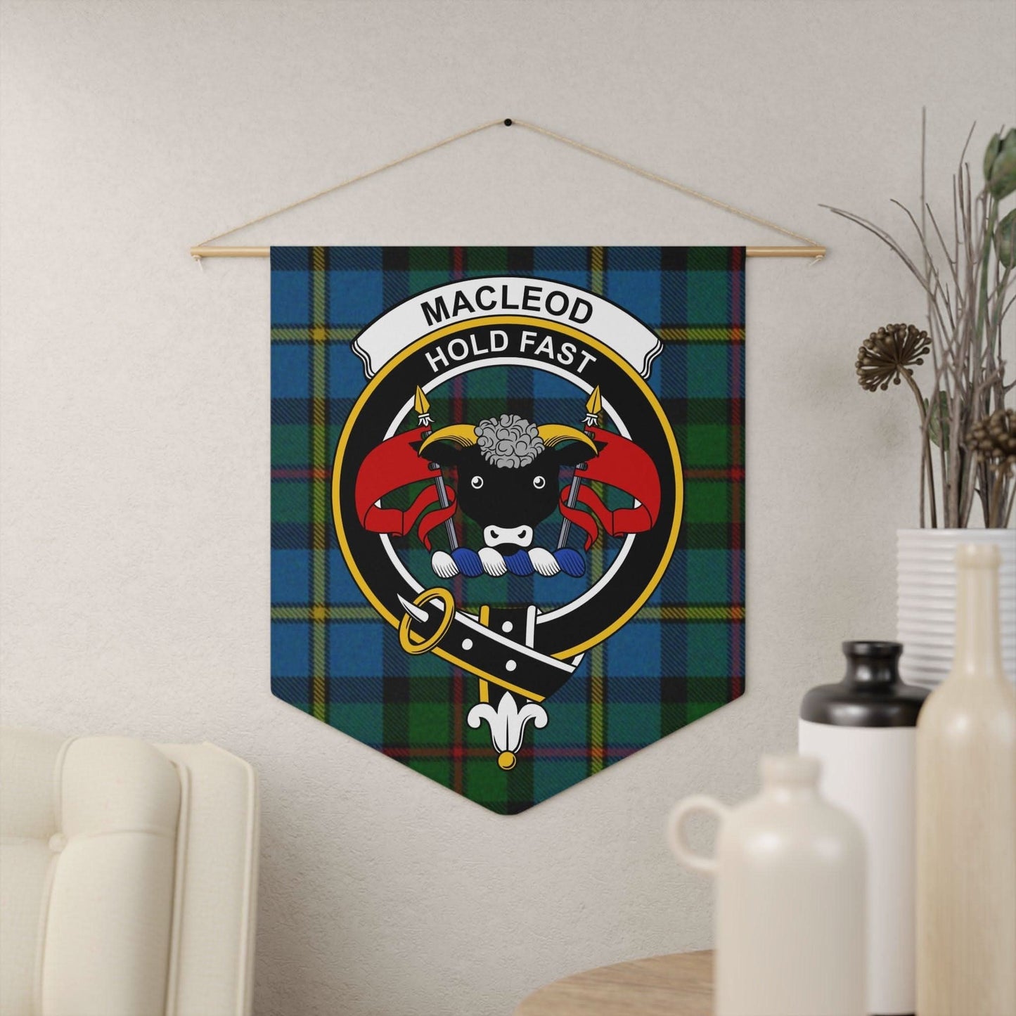 Macleod Clan Scottish Tartan Bear Design Wall Pennant - Celtic Ancestry Gifts