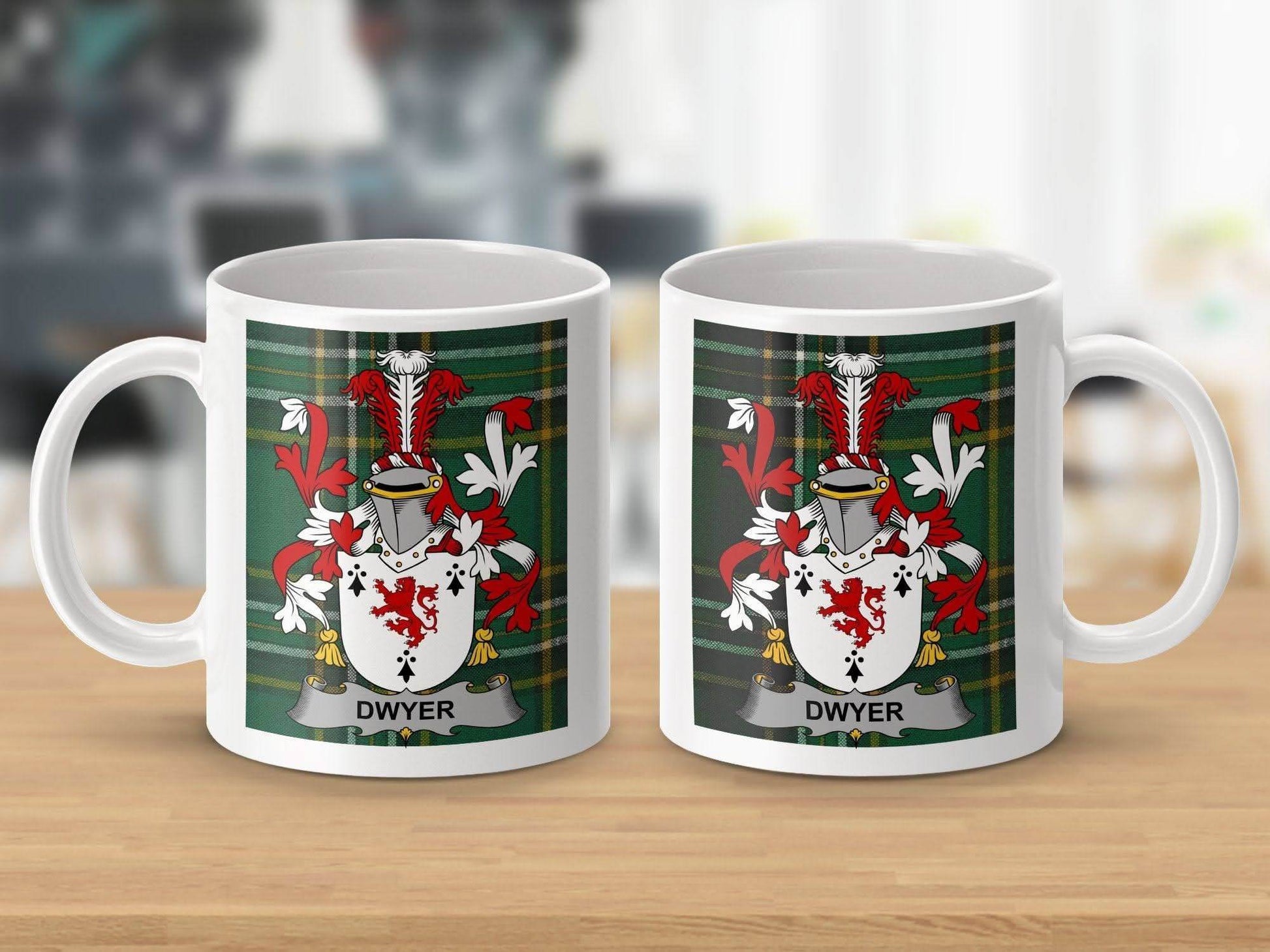 Dwyer Surname Family Crest Irish Tartan Mug - Celtic Ancestry Gifts