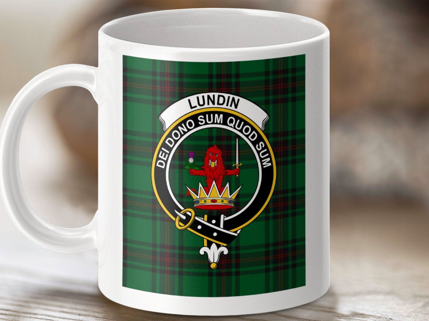 Lundin Family Crest Mug with Clan Motto Emblem product