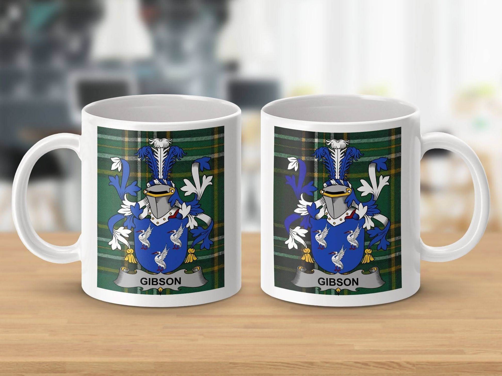 Gibson Surname Family Crest on Irish Tartan Background Mug - Celtic Ancestry Gifts