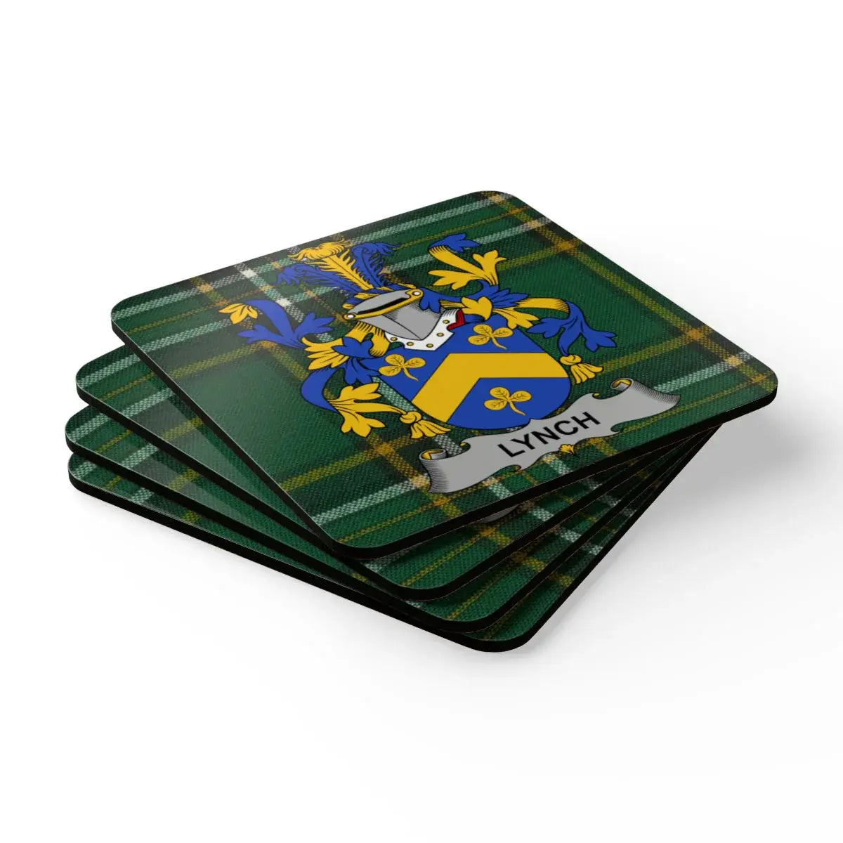 Family Crest on Green Plaid Background Coaster product