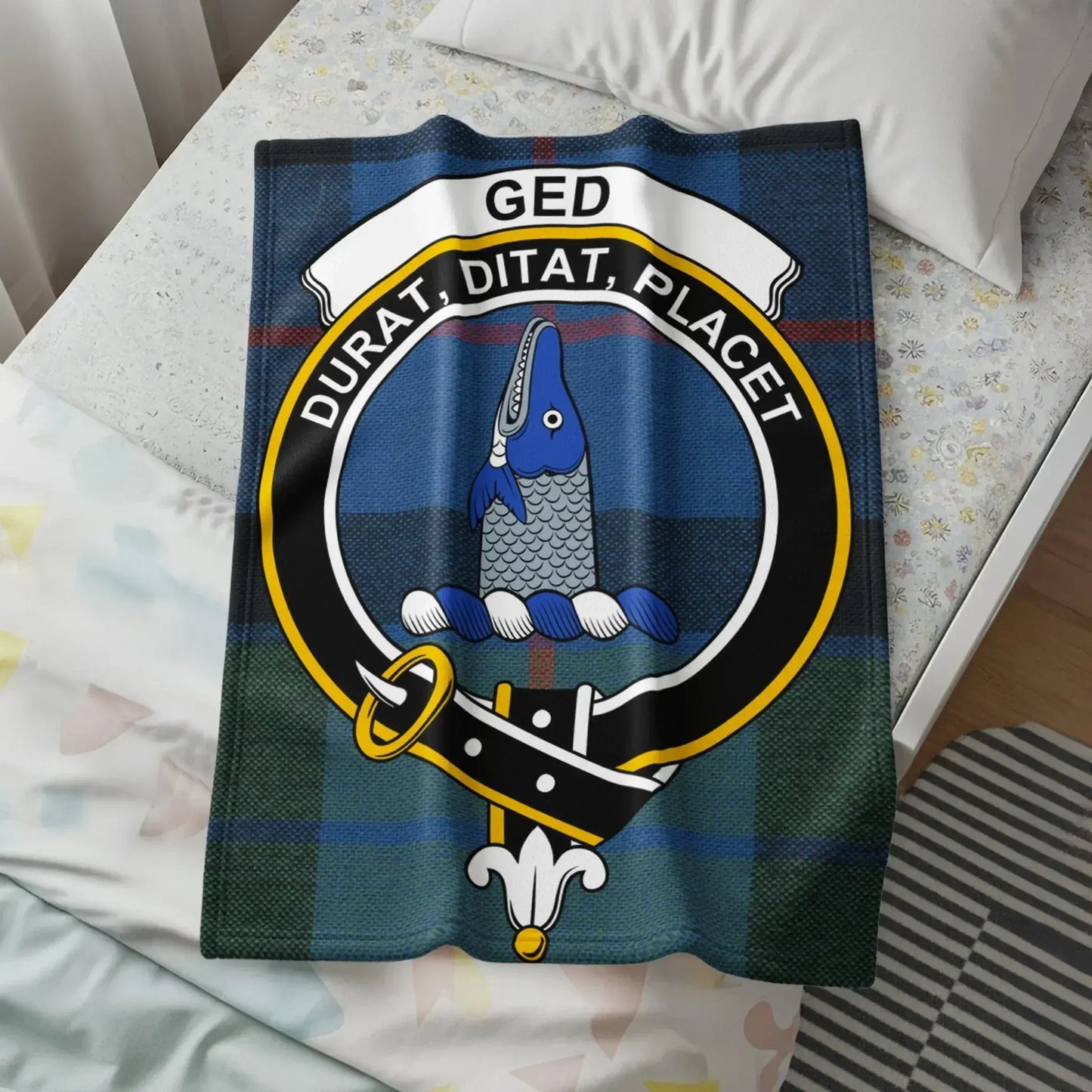 Ged Durat Ditat Placet Banner on Blue Blanket product