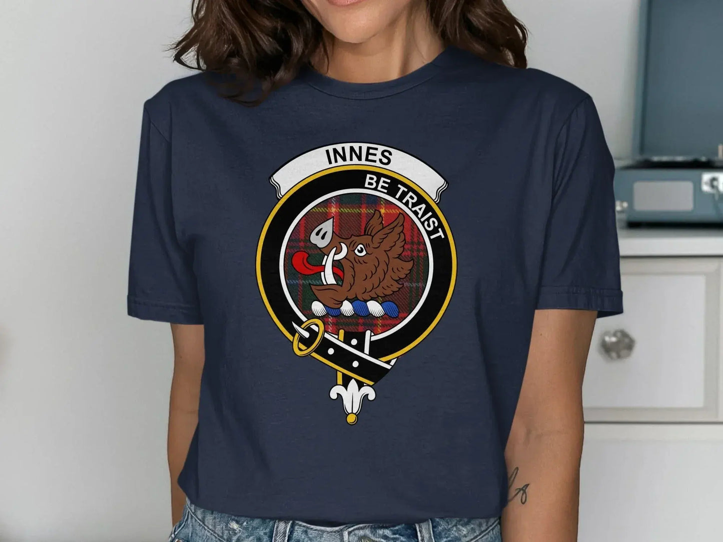 Be Traist Innes Clan Emblem on Navy Blue shirt product