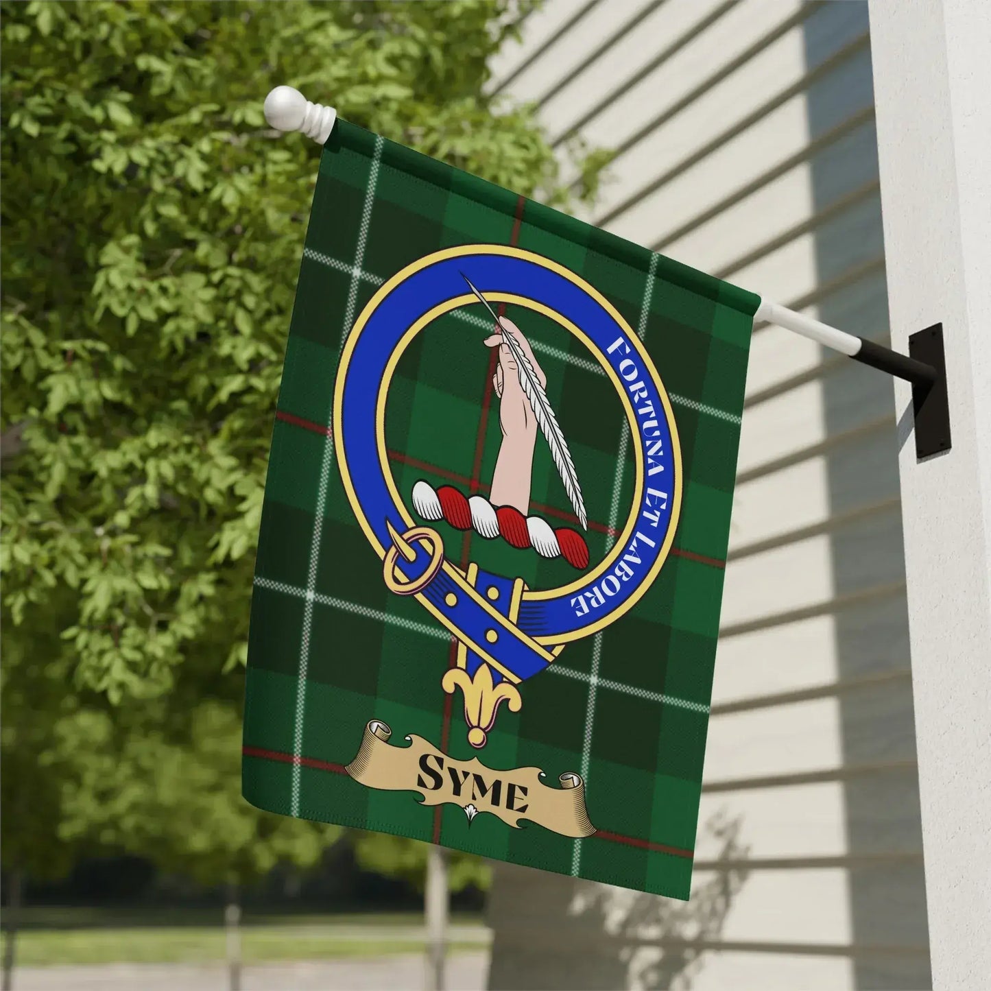 Syme Clan Crest Flag with Motto Plaid Background product type