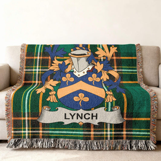 Green and blue tartan throw blanket with the Lynch family crest.