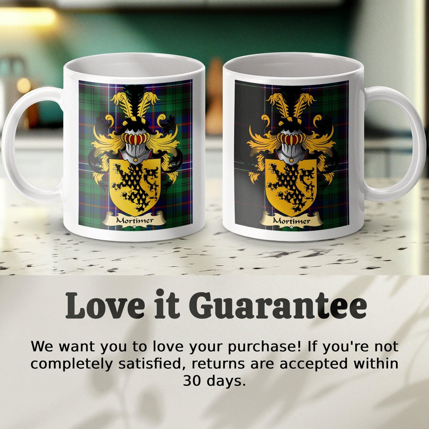 Mortimer Clan Surname Coat Of Arms Tartan Mug - Celtic Ancestry Gifts