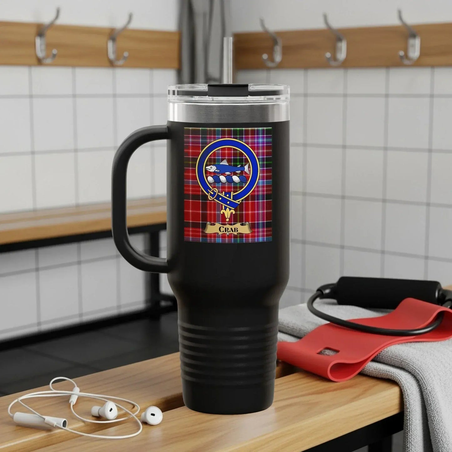 Crab Emblem Red Plaid Design Travel Mug product