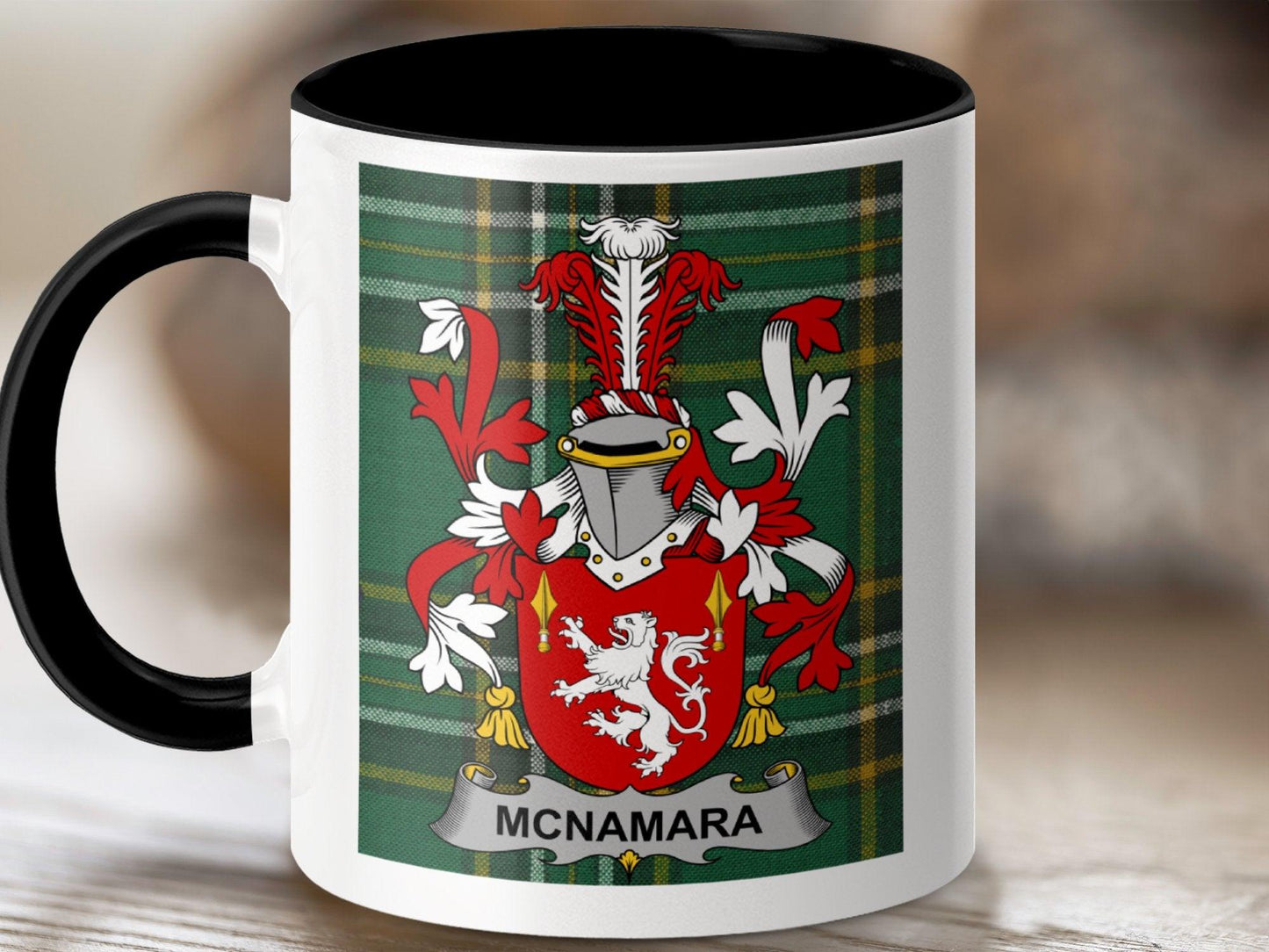 Personalized McNamara Family Crest Coffee Mug, Custom Scottish Tartan Heraldry Cup, Clan Symbol Gift, Unique Ceramic Mug for Family Heritage