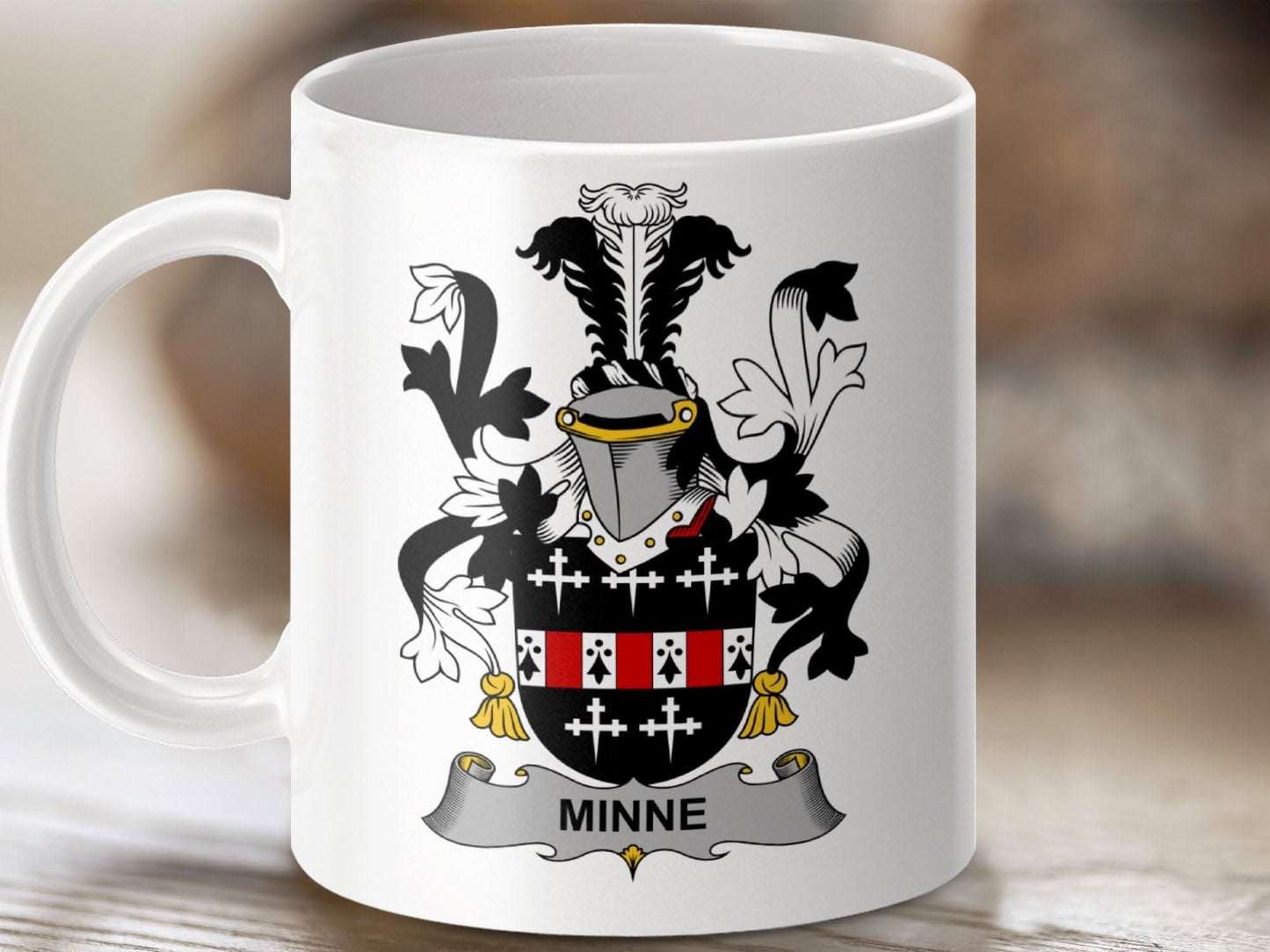 Minne Family Crest Heraldic Emblem Mug - Celtic Ancestry Gifts