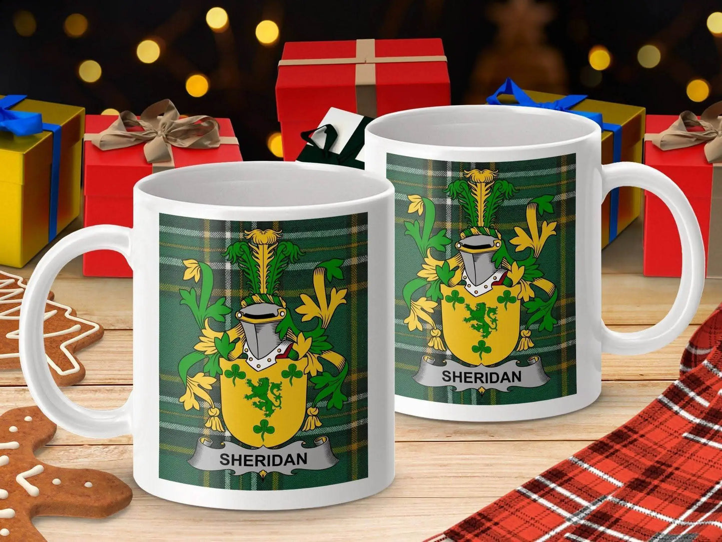 Sheridan Irish Surname Coat of Arms National Tartan Mug - Celtic Ancestry Gifts