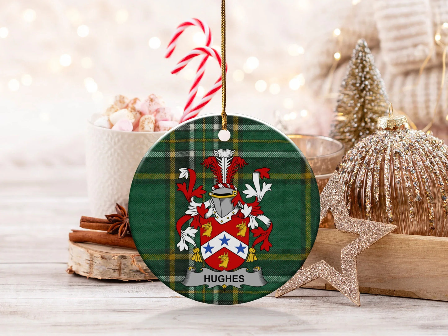 Hughes Family Crest Personalized Christmas Ornament product