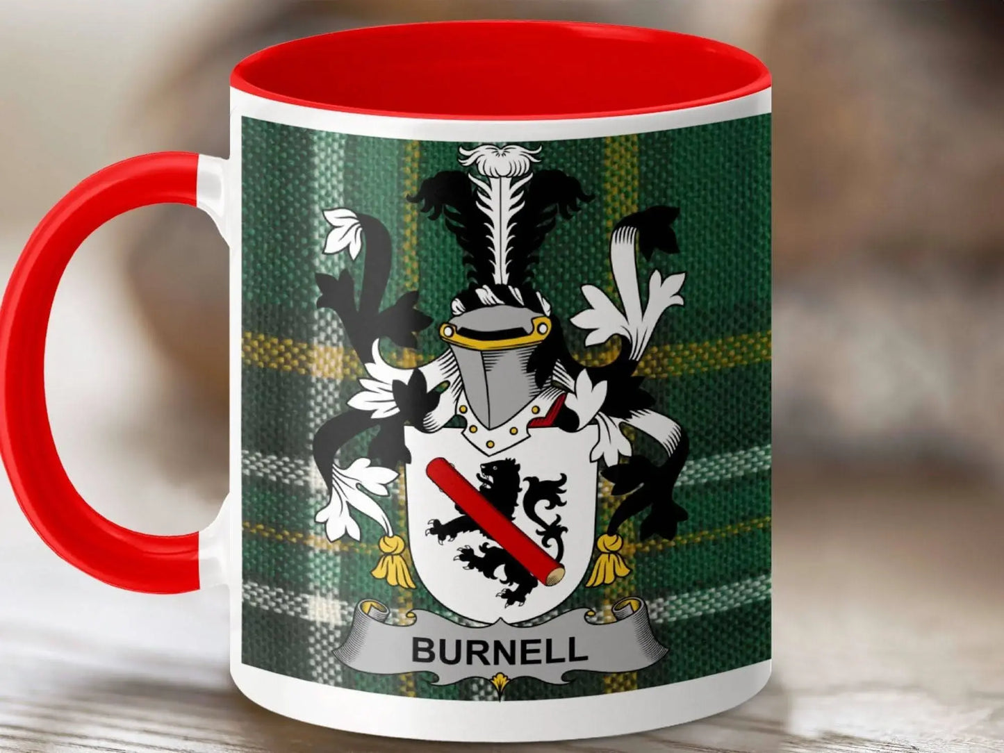 Burnell Surname Family Crest Irish Tartan Mug - Celtic Ancestry Gifts