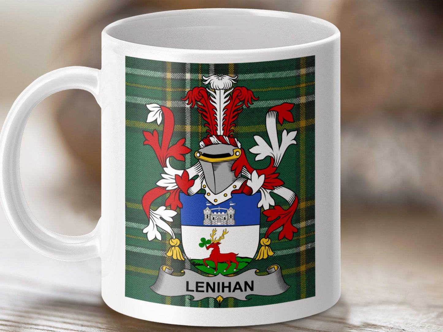 Lenihan Family Crest Mug, Personalized Scottish Clan Tartan Coffee Cup, Heraldic Emblem Ceramic Mug, Unique Ancestry Gift Idea
