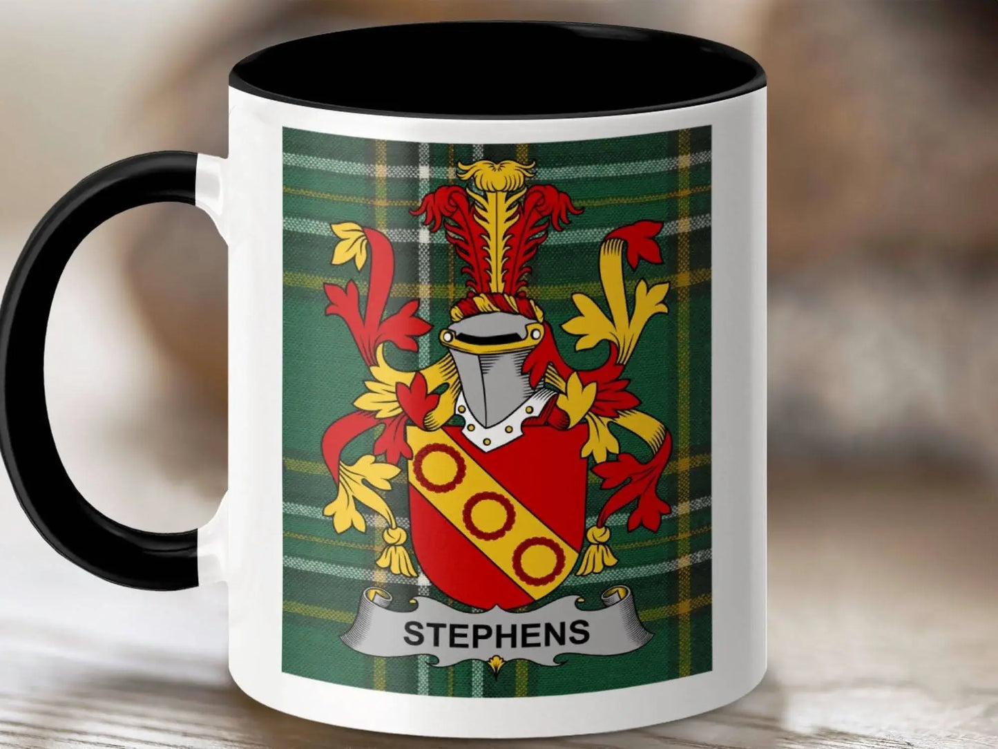 Stephens Surname Family Crest Irish Tartan Mug - Celtic Ancestry Gifts