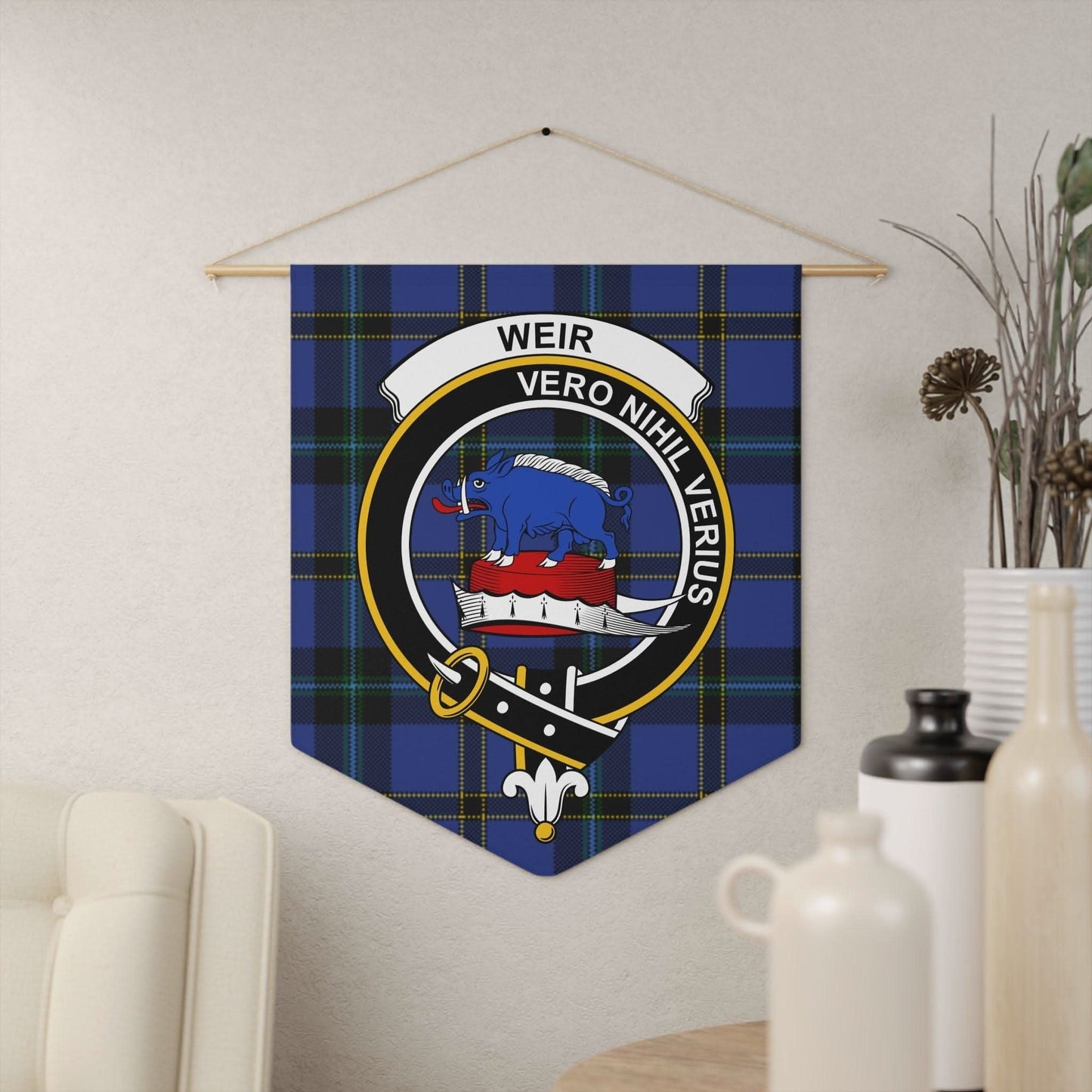 Weir Family Crest on Blue Scottish Tartan Wall Pennant - Celtic Ancestry Gifts