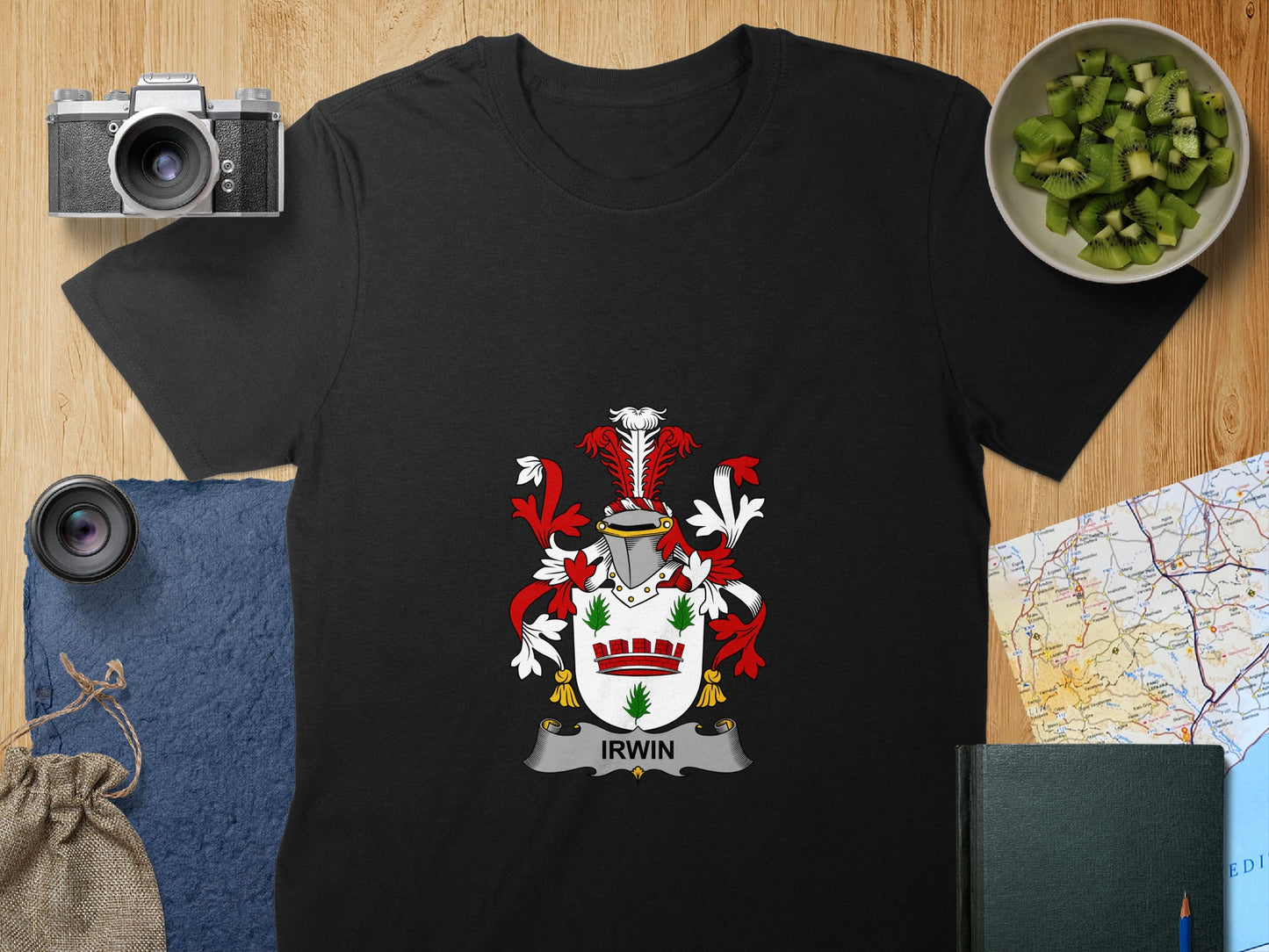 Irwin Family Crest Emblazoned on Black Shirt Product