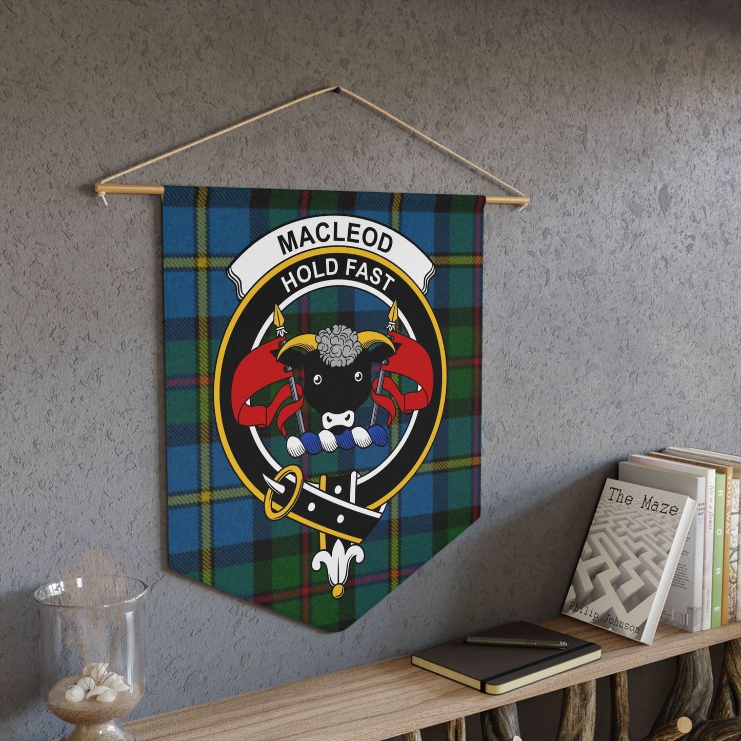 Macleod Clan Scottish Tartan Bear Design Wall Pennant - Celtic Ancestry Gifts