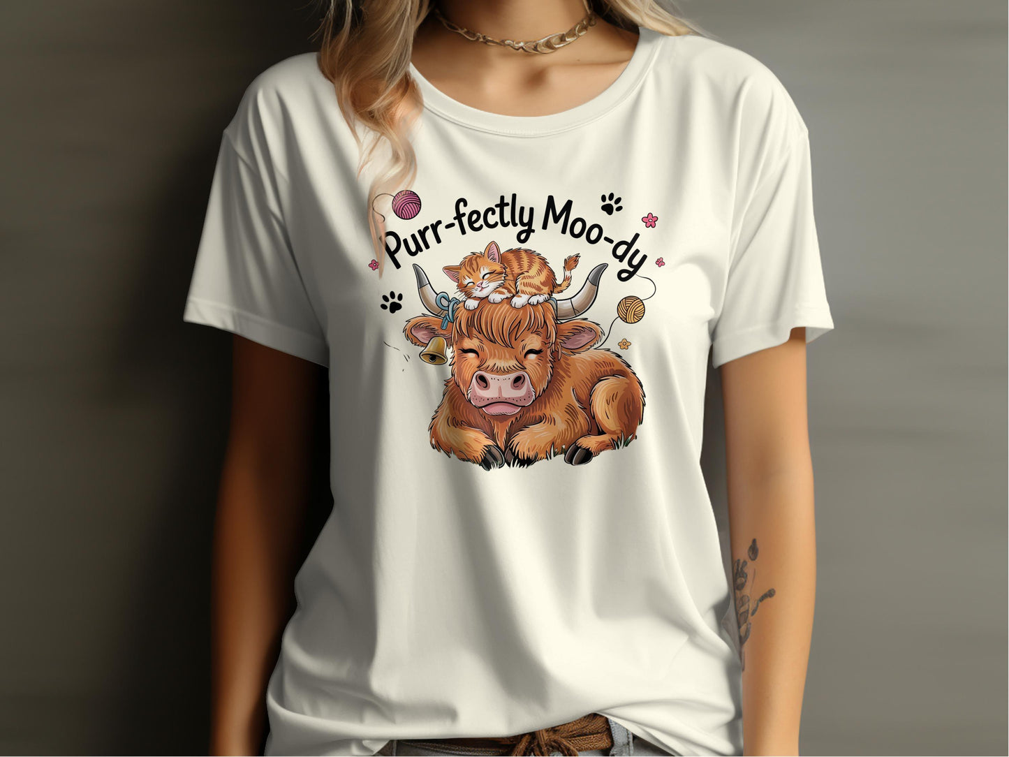Purr-fectly Moo-dy Cute Highland Cow Cat T-Shirt - Celtic Ancestry Gifts