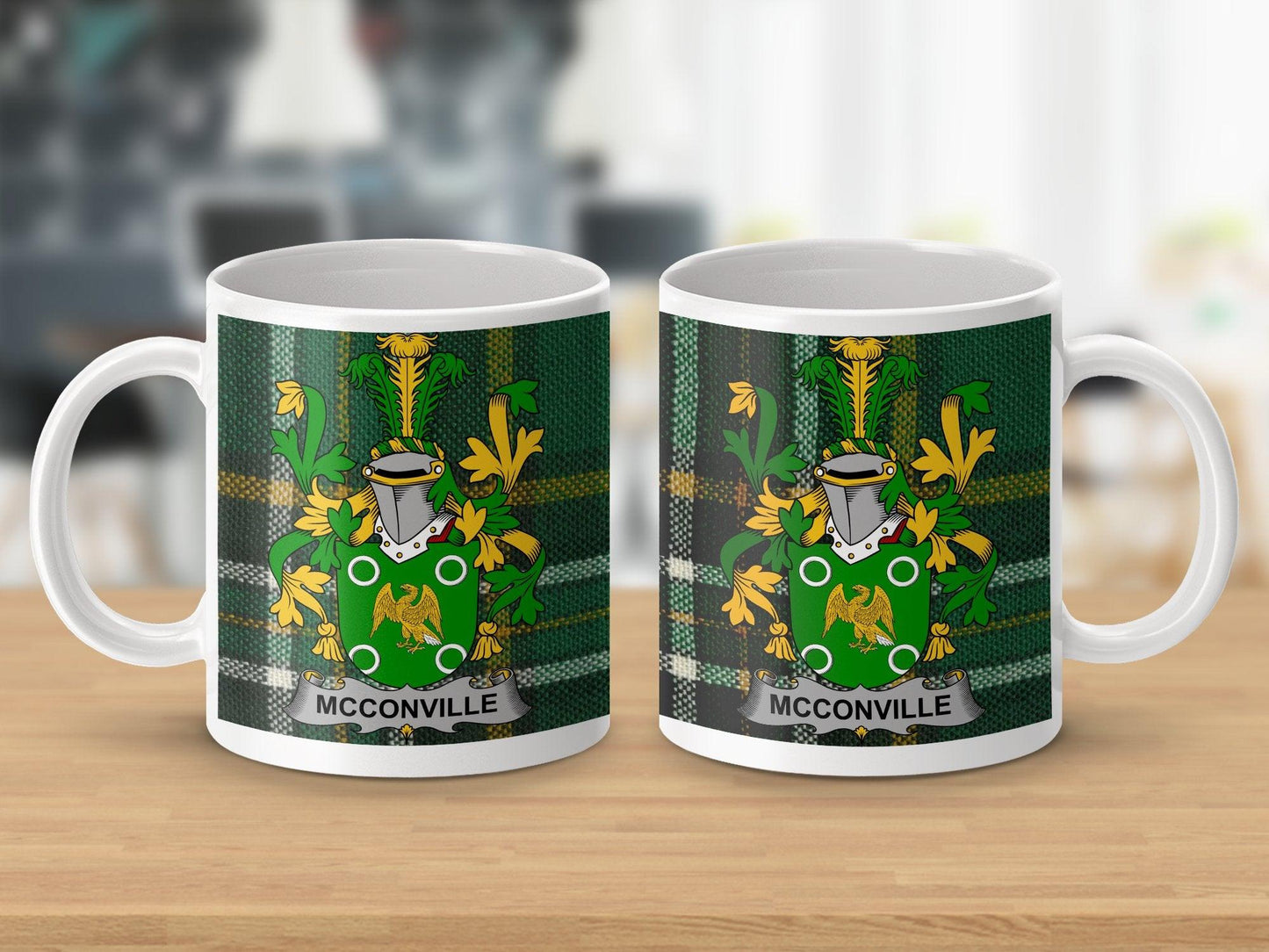 Personalized McConville Family Crest Mug, Irish Heritage Coffee Cup, Custom Ancestry Gift, Unique Surname Drinkware, Green and Yellow Design