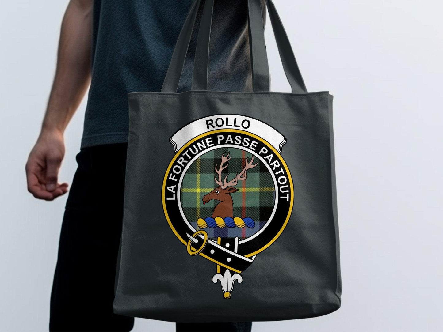 Rollo Scottish Clan Crest Tartan Tote Bags - Celtic Ancestry Gifts
