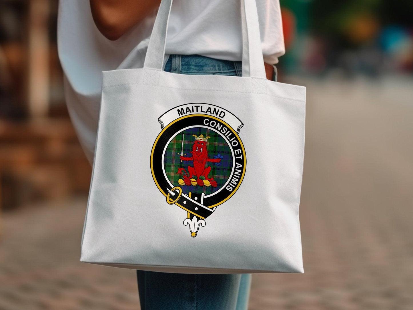 Maitland Consilio et Animis Clan Crest Tartan Tote Bags - Celtic Ancestry Gifts