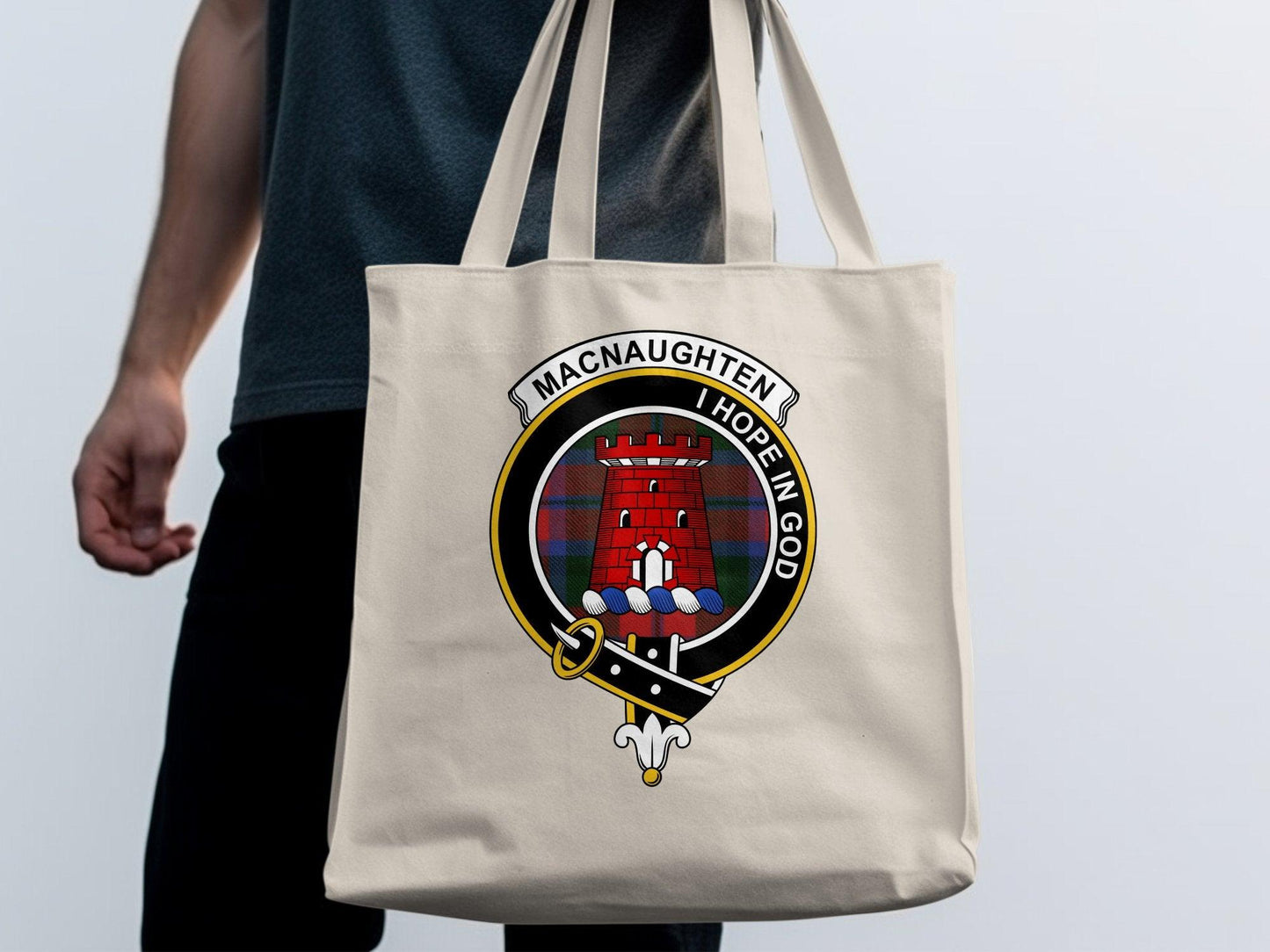 MacNaughten Hope In God Clan Crest Tartan Tote Bags - Celtic Ancestry Gifts