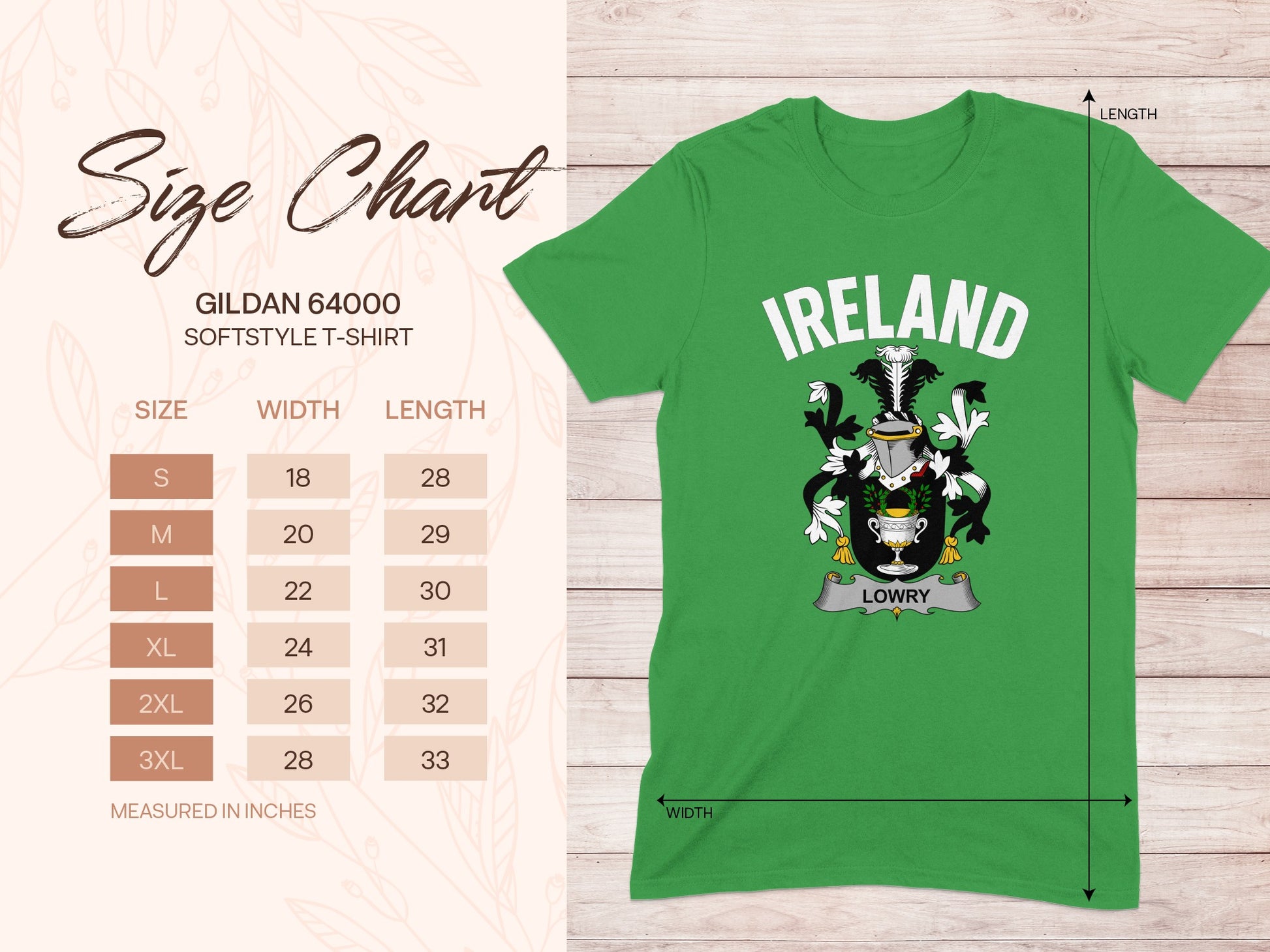 Green Ireland Crest T-Shirt with Size Chart