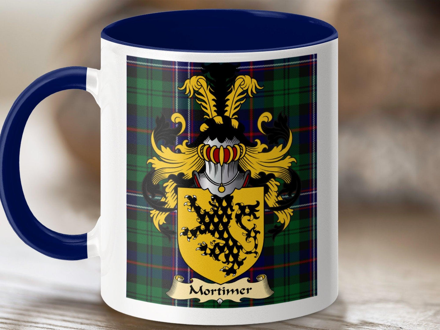 Mortimer Clan Surname Coat Of Arms Tartan Mug - Celtic Ancestry Gifts