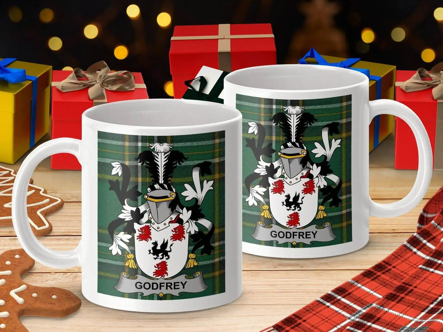 Godfrey Surname Family Crest Irish Tartan Mug - Celtic Ancestry Gifts