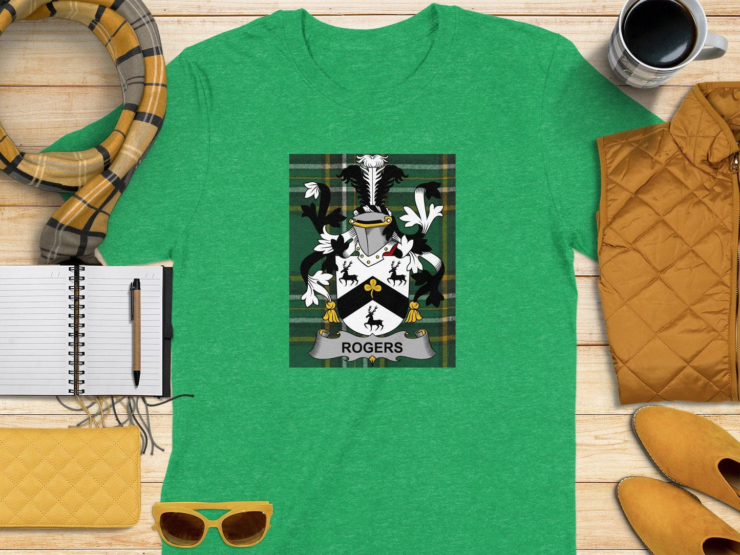 Rogers Family Crest on Irish National Tartan T-Shirt - Celtic Ancestry Gifts