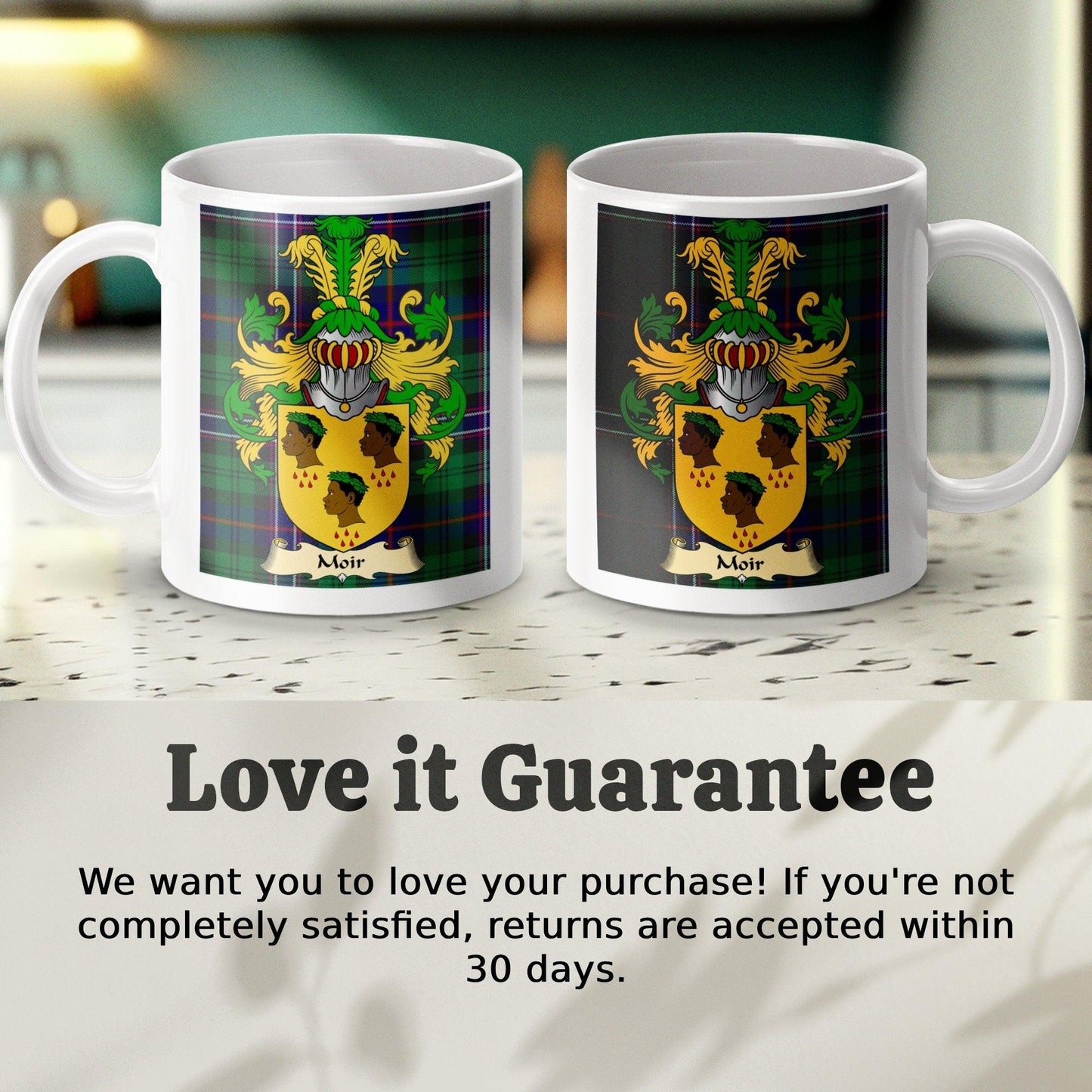 Moir Clan Surname Coat Of Arms Tartan Mug - Celtic Ancestry Gifts
