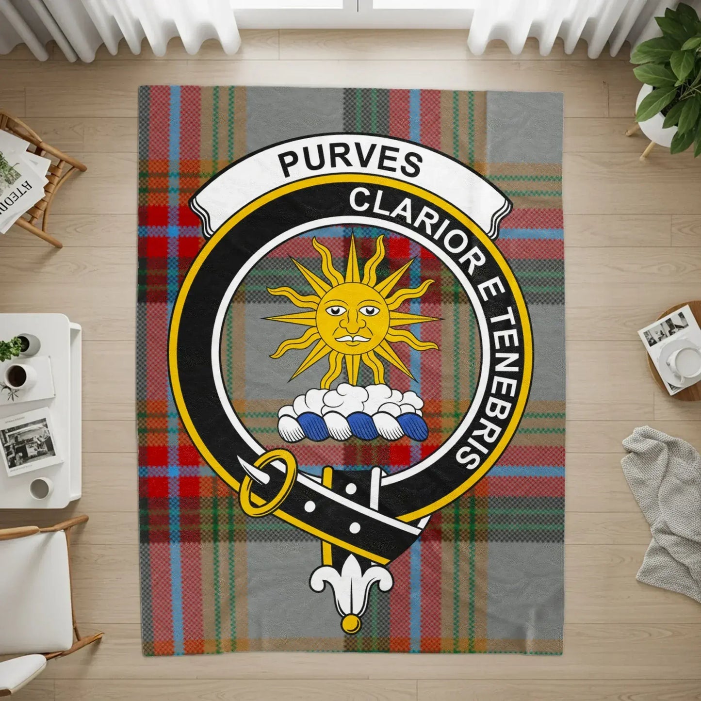 Purves Clarion Et Tenebris Sun Crest on Plaid Rug product type