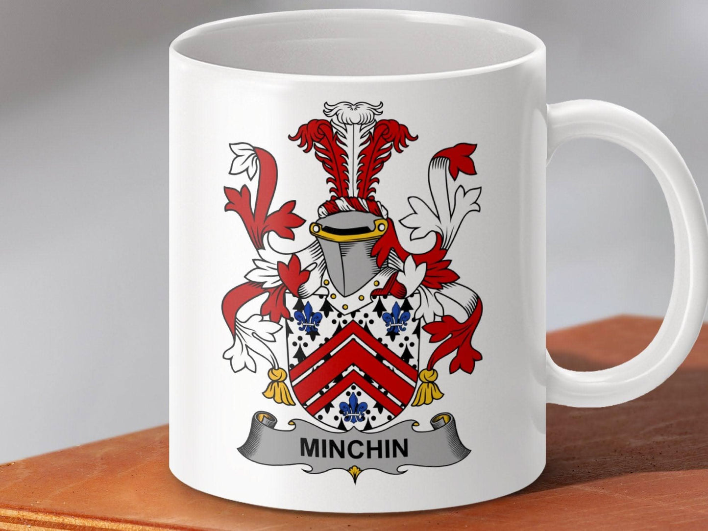 Minchin Family Crest Coat of Arms Design Ceramic Mug - Celtic Ancestry Gifts