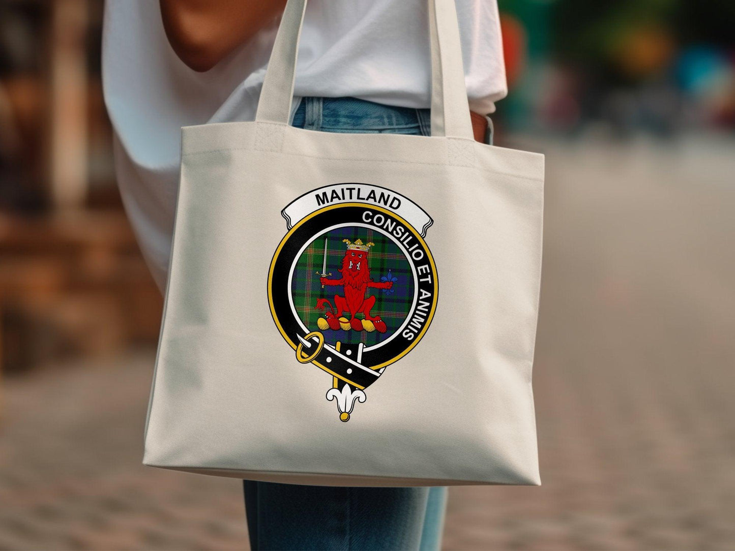 Maitland Consilio et Animis Clan Crest Tartan Tote Bags - Celtic Ancestry Gifts