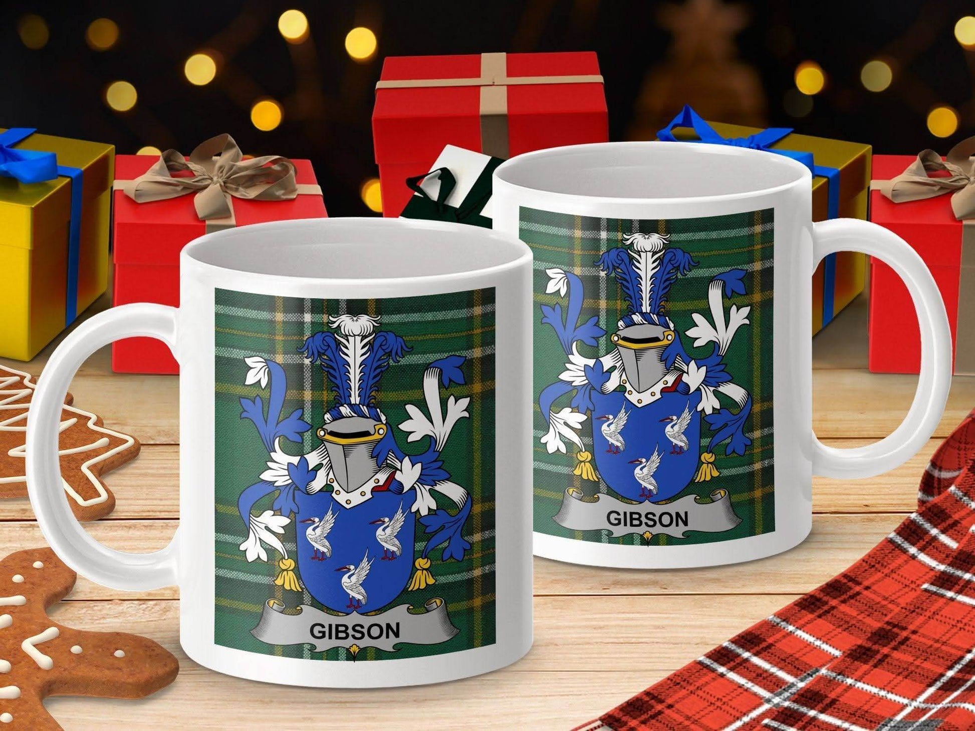 Gibson Surname Family Crest on Irish Tartan Background Mug - Celtic Ancestry Gifts
