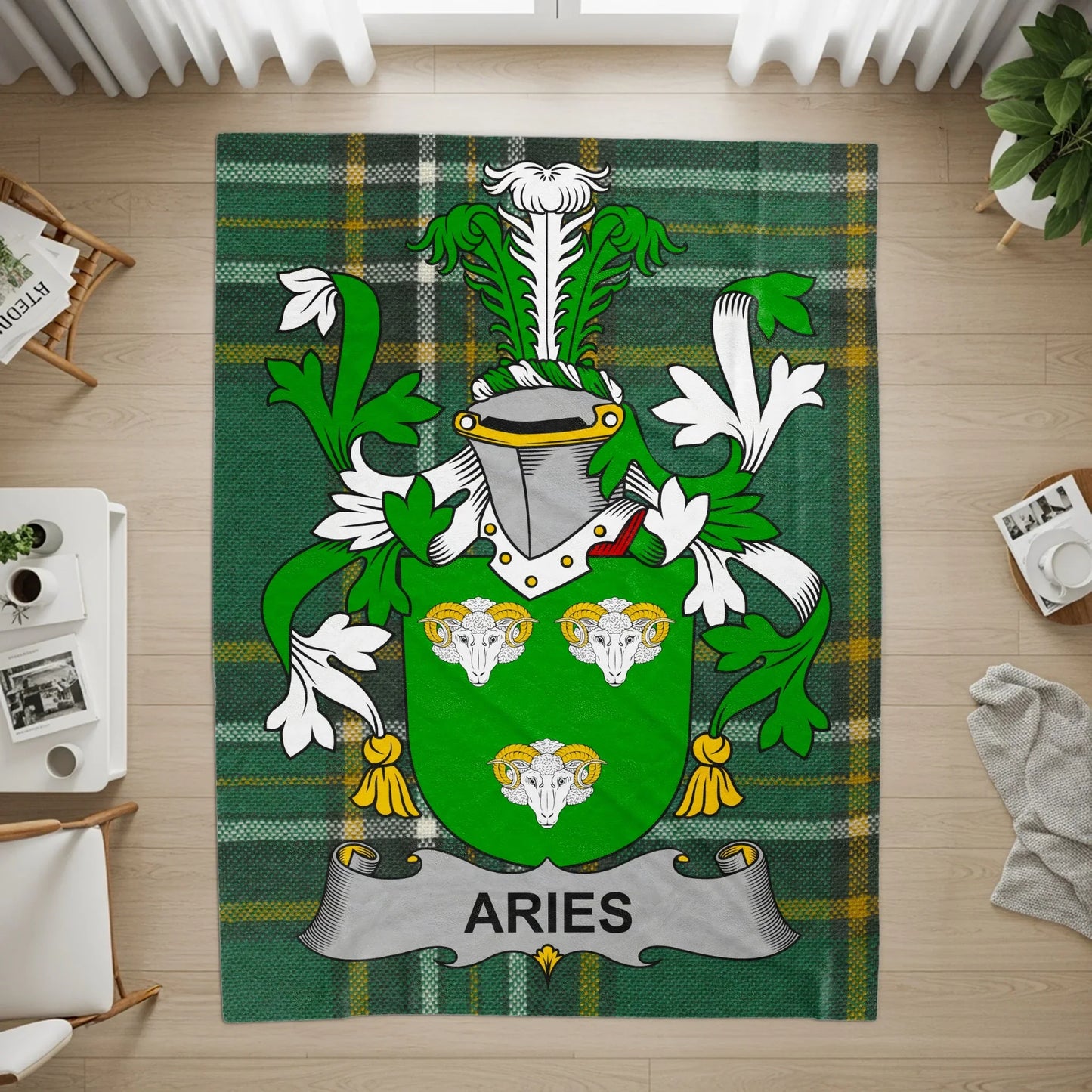 Aries Crest on Green Plaid Background Rug product
