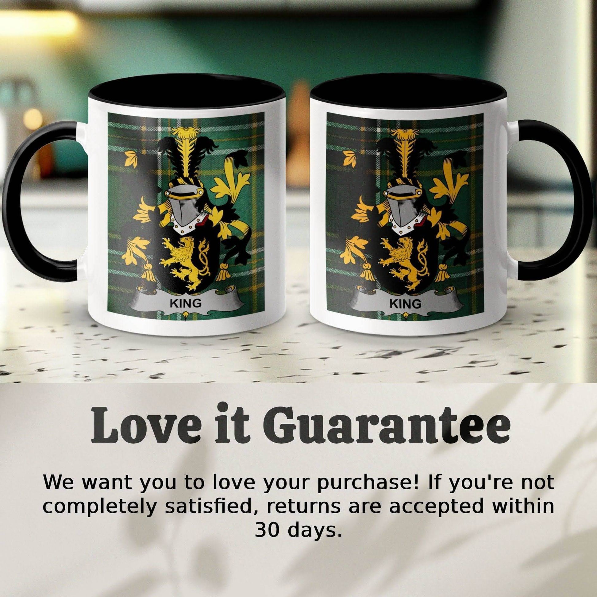 King Surname Family Crest Irish Tartan Mug - Celtic Ancestry Gifts