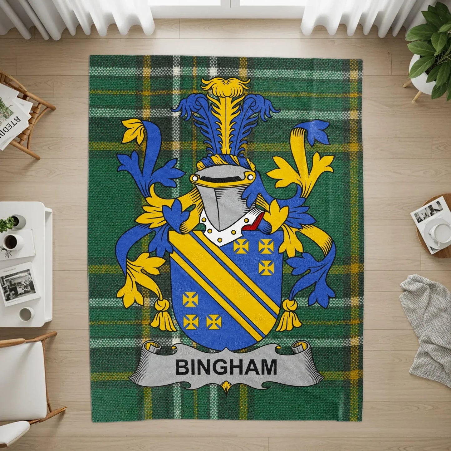 Bingham Coat of Arms with Plaid Background Rug product
