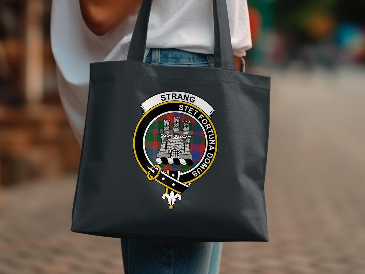 Stylish Black Tote Bag with Vintage Coat of Arms Design, Trendy Urban Shoulder Bag, Durable Market Carrier