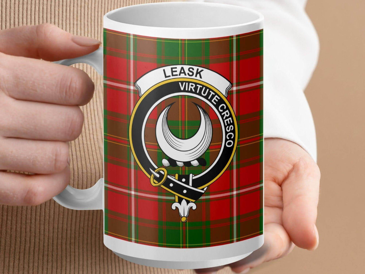 Leask Virtute Cresco Tartan Mug Clan Crest product type