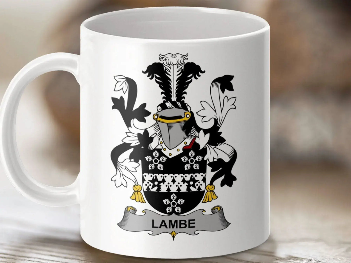 Lambe Irish Surname Family Crest Coat of Arms Design mug - Celtic Ancestry Gifts