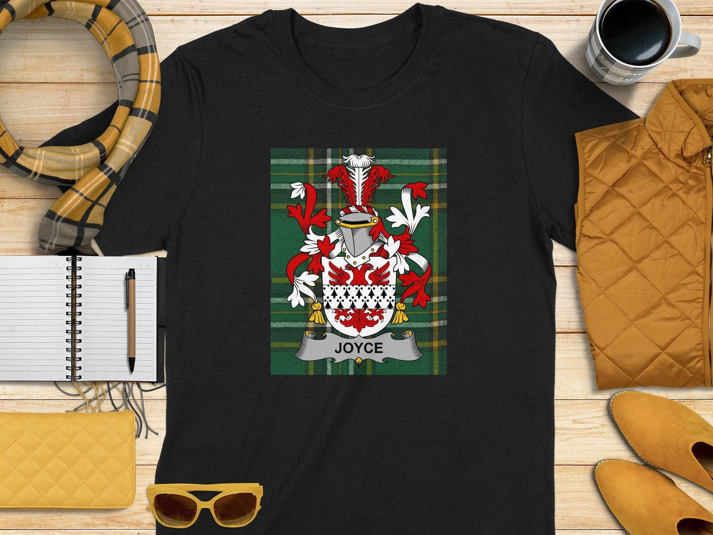 Joyce Family Crest on Green Tartan Background T-Shirt - Celtic Ancestry Gifts