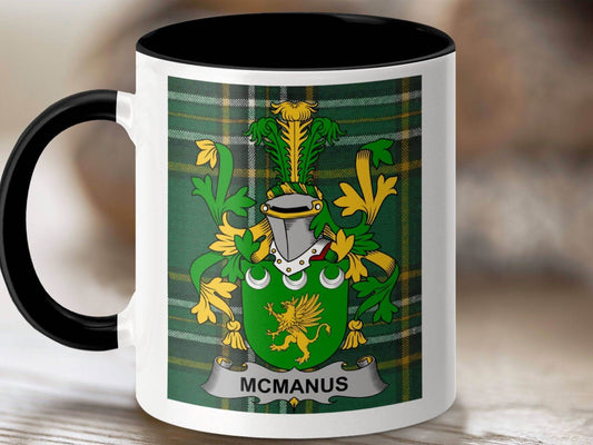 McManus Surname Family Crest on Irish Tartan Mug - Celtic Ancestry Gifts